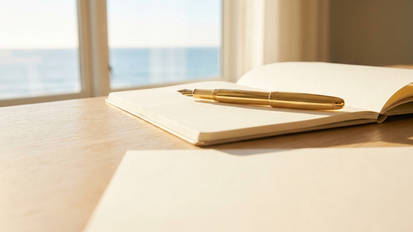 A gold fountain pen resting on an open cream notebook on a light wooden desk, with morning sunlight and the sea through a window behind it.