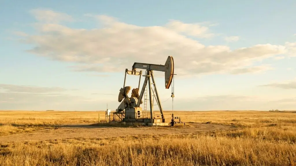 A solitary oil pumpjack in an open field in golden morning light, illustrating rising oil prices and capital rotation.