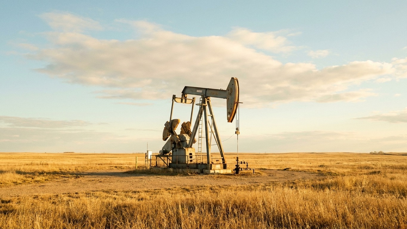 A solitary oil pumpjack in an open field in golden morning light, illustrating rising oil prices and capital rotation.